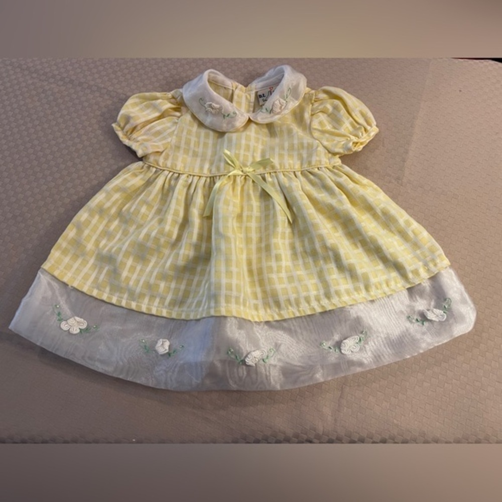 b.t. kids vintage yellow white windowpane check floral trim baby dress 3-6 mos.